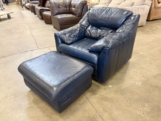 REID LEATHER Vintage Midnight Blue Leather Armchair and Ottoman with Castors