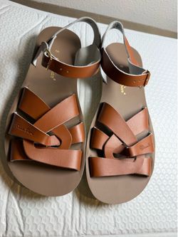 Sun-San Salt Water Sandals Brown Leather Ankle Strap Women Size 8 Flat Sandals