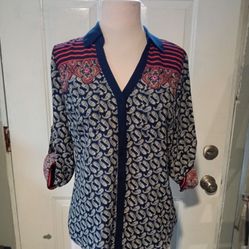 Express Portofino Slim Fit Boho Paisley Button Up Convertible Sleeve Shirt