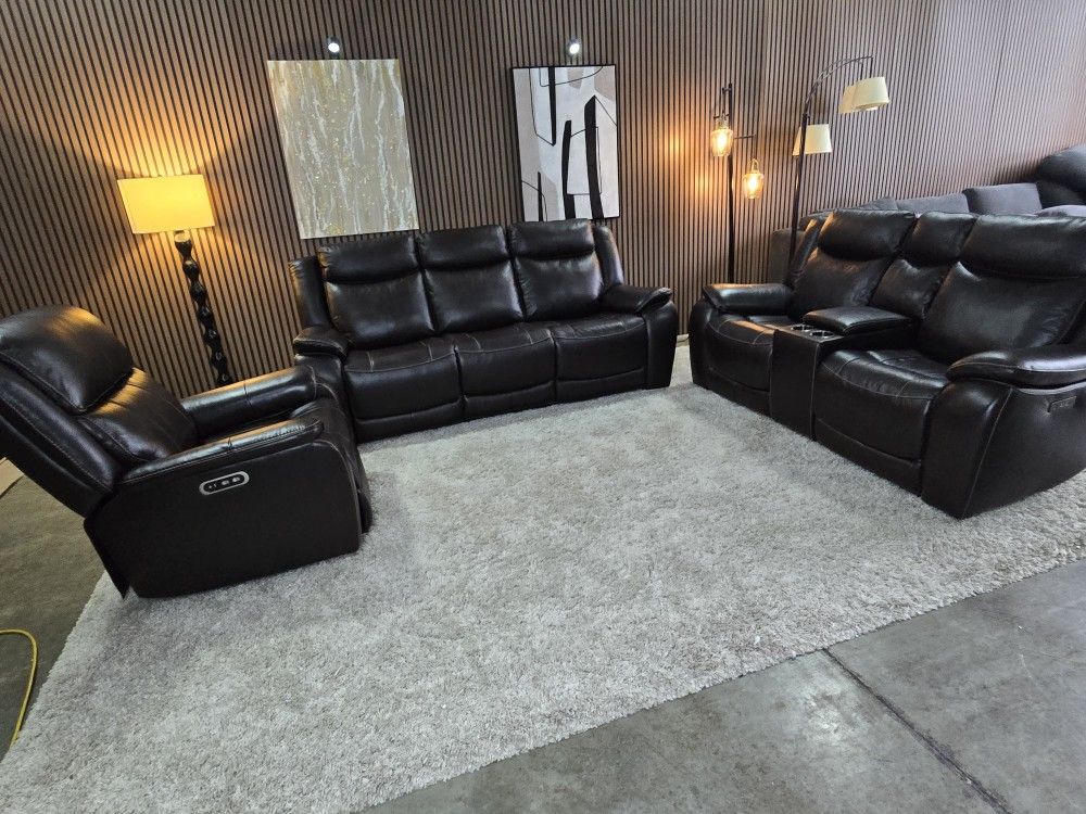 3 PIECE - Harvey Real Leather Power Reclining Sofa/Loveseat/Chair with Power Headrests