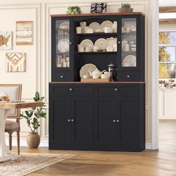 71''Tall Food Pantry Cabinet, 47.2'' Wide Kitchen Hutch with 4 Drawers & Shelves & Wine Rack, Glass China Cabinet for Dining Living Room, Black