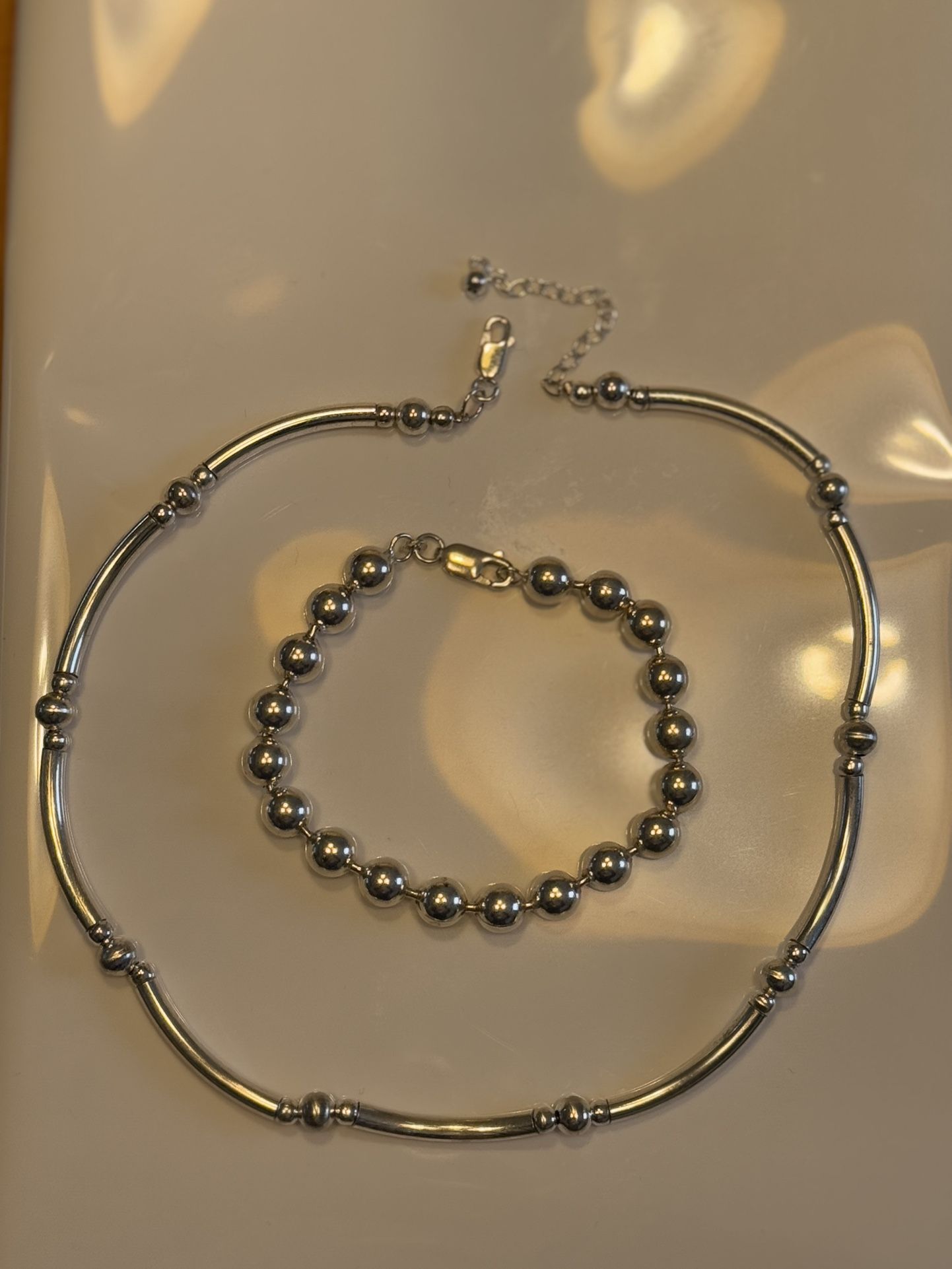  Solid Sterling Silver Tube and Ball Link Necklace/Chain And Ball Bracelet Set 