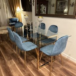 New In The Box Big Modern Dining Table Set For 6 Gold Glass Velvet