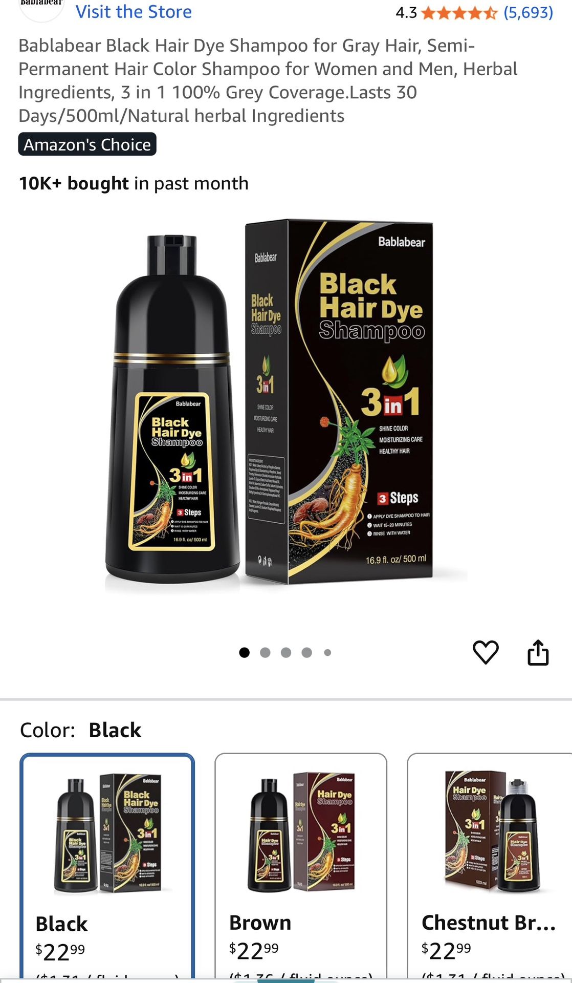 Black Hair Dye Shampoo for Gray Hair, Semi-Permanent Hair Color Shampoo for Women and Men, Herbal Ingredients, 3 in 1 100% Grey Coverage.Lasts 30 Days
