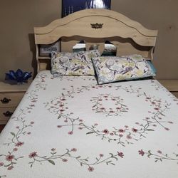 Queen Size Bed Frame Railing Box Springs Matress 2 End Tables