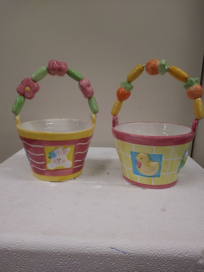 2 - Cramic Easter Pots With Beaded Handles