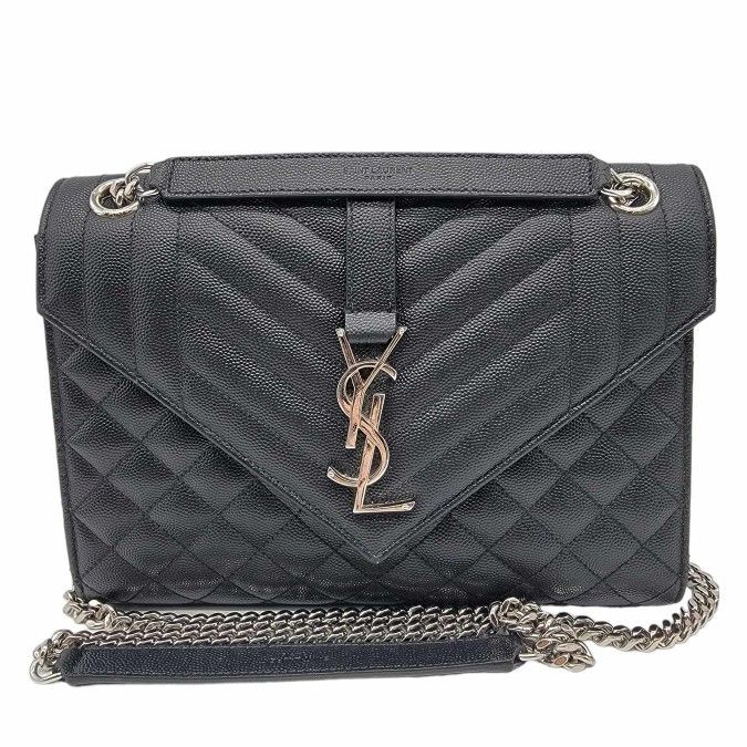  SAINT LAURENT MEDIUM TRI QUILTED MATELASSE GRAIN DE POUDRE FLAP SHOULDER BAG BLACK 