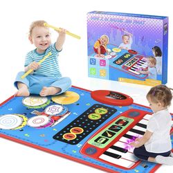 🥳🥳🥳2-in-1 Musical Mat Toys for 1 2 3 4 5 Year Old, Piano Keyboard & Drum Set with 2 Drum Sticks, Early Educational Musical Learning Toys Birthday f