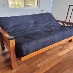 Full Size Futon – Black Walnut Frame + Practically New Plush Mattress