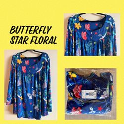 Women’s loose fit Tunic Top, three button, pull over, long sleeve, butterfly, star floral, never worn