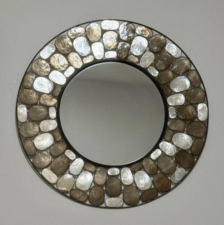 Vintage Capiz Shell Pebble Mosaic Metal Wall Hanging Round Mirror