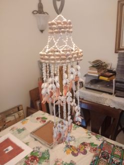 Spiral sea shell seashell wind chime mobile beach marine decor tiered pink white tan beige hanging art chandelier