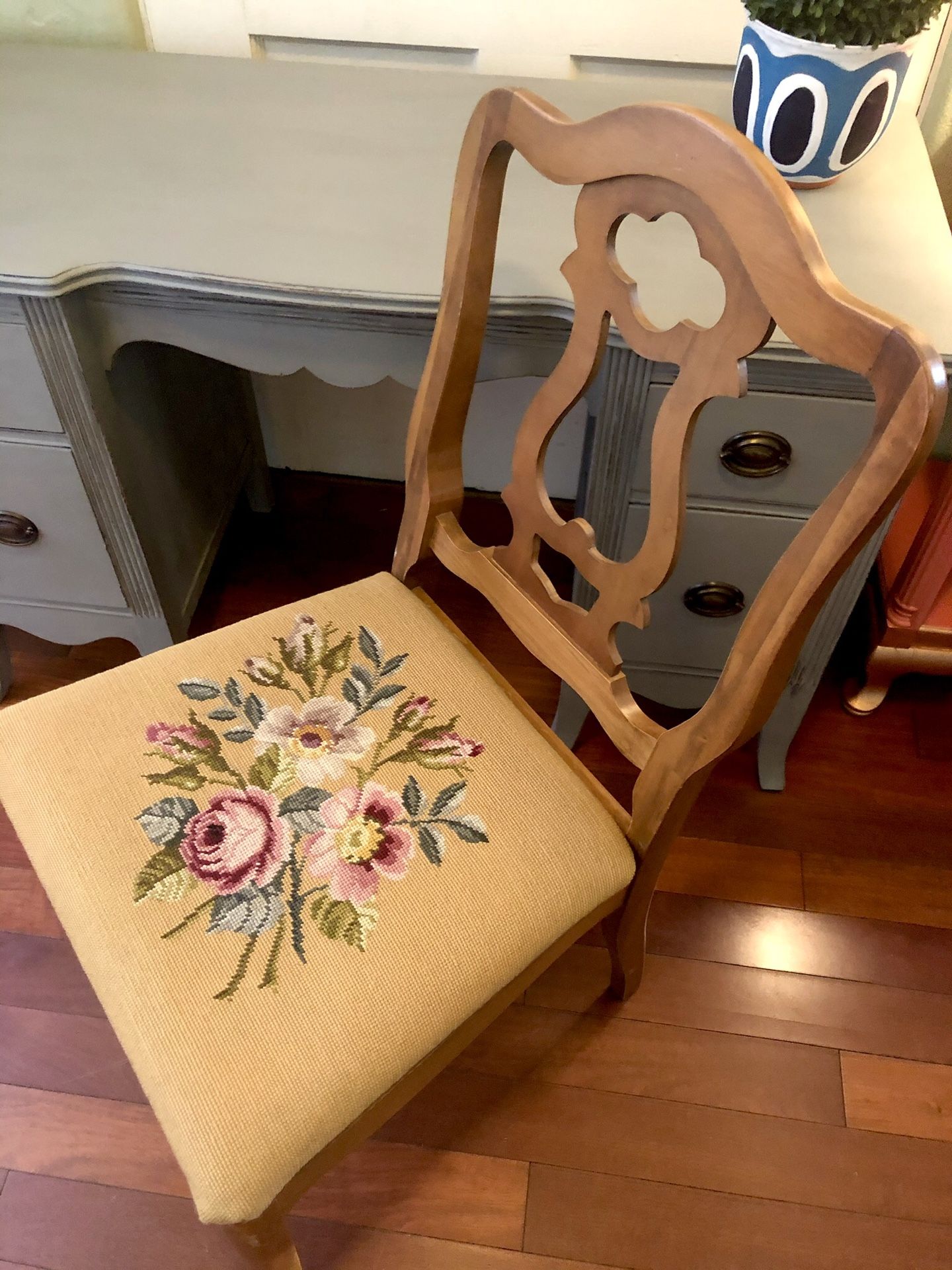 Solid Antique Chair with Floral Design