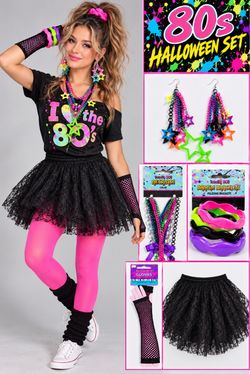 NEW 80s Halloween Costume Set Women Adult Totally 80s Lace Skirt Shirt Accessories