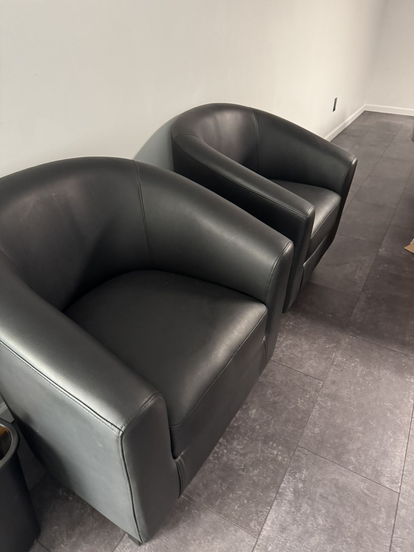Black Faux Leather Barrel Chairs – 1 Left