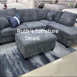 Beautiful Dark Gray Corduroy Sectional Sofa Set