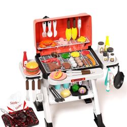 Kids Play Kitchen Toys, Outdoor BBQ Grill Playset with Smoke Sound & Light, Pretend Food Toys Barbecue Cooking Set for Toddlers Boys Girls 3 4 5 6 7 8