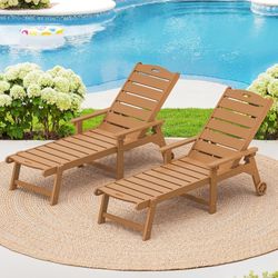 HDPS Oversized 5‑Position Lounge Chair with Armrest & Wheels, Teak Color (Set of 2)