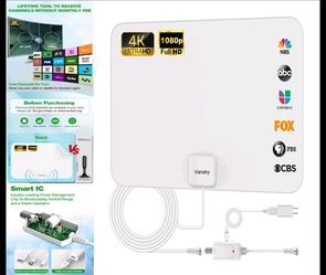 White Indoor HDTV Antenna Digital Amplified 1080p VHF UHF 16.5ft Coax Cable