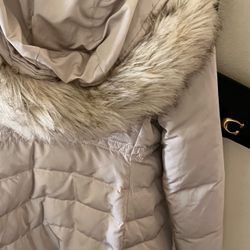 Beige Quilted Puffer Coat with Fur Hood