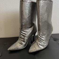 Kurt Geiger Carvela New Years Metallic Silver Sequin Boots UK Size 39 US Size 8/8.5