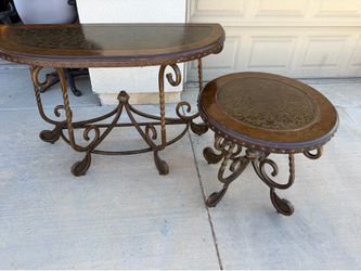 Wrought Iron & Wood-Finish Accent Table Set – 2 Pieces
