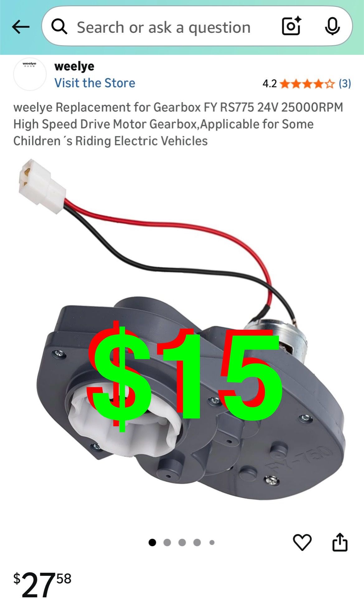 Replacement for Gearbox FY RS775 24V 25000RPM High Speed Drive Motor Gearbox,Applicable for Some Children ´s Riding Electric Vehicles