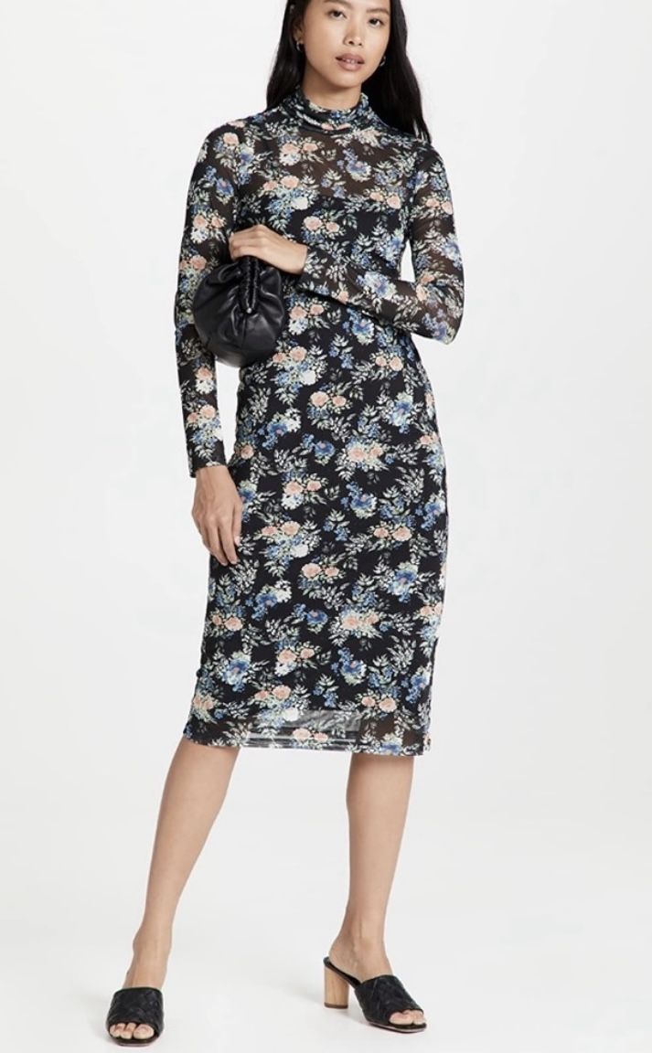 NWOT Wayf Black Floral Turtleneck Long Sleeves Midi Dress, size XS