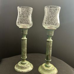 RARE Vintage Brass and Crackle Tulip Glass Candleholders Set of 2