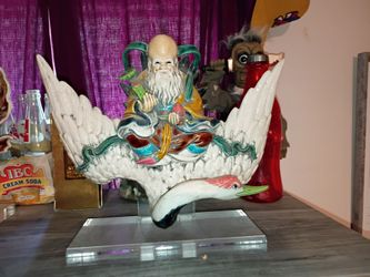 Vintage Chinese Glazed Ceramic Shoulao God of Longevity on Crane Figure