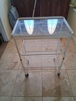 White Metal Rolling Cart with Glass Top