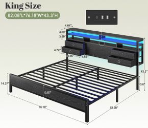 King Size Bed Frame with LED Headboard and USB Ports