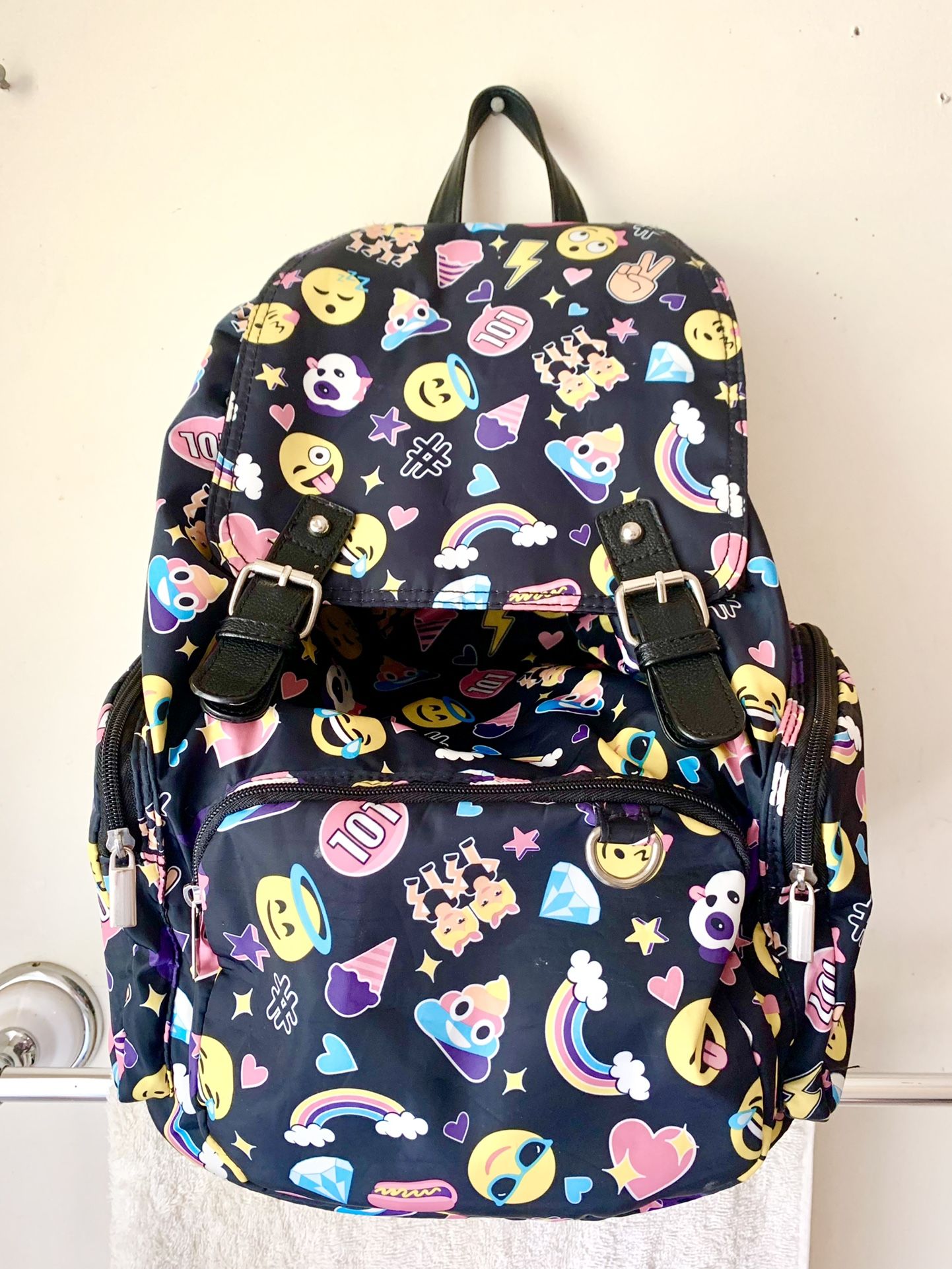 EMOJI Icons Double Strap Backpack Black Canvas With Different Emojis UNISEX