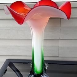 Vintage Hand Blown Cased Glass Multicolor Trumpet Flower/Lily 14" Vase Pier1 90s
