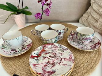 Vintage UPS Marbled Rose Rim Multicolor Ceramic 80ml Teacup Set with plates