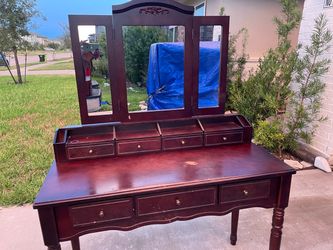 Vintage Wood Vanity with Tri-Fold Mirror