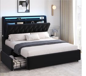 🔥 Full LED Light Velvet Bed Frame 2 Storage Drawers & Hidden Headboard Storage, Black