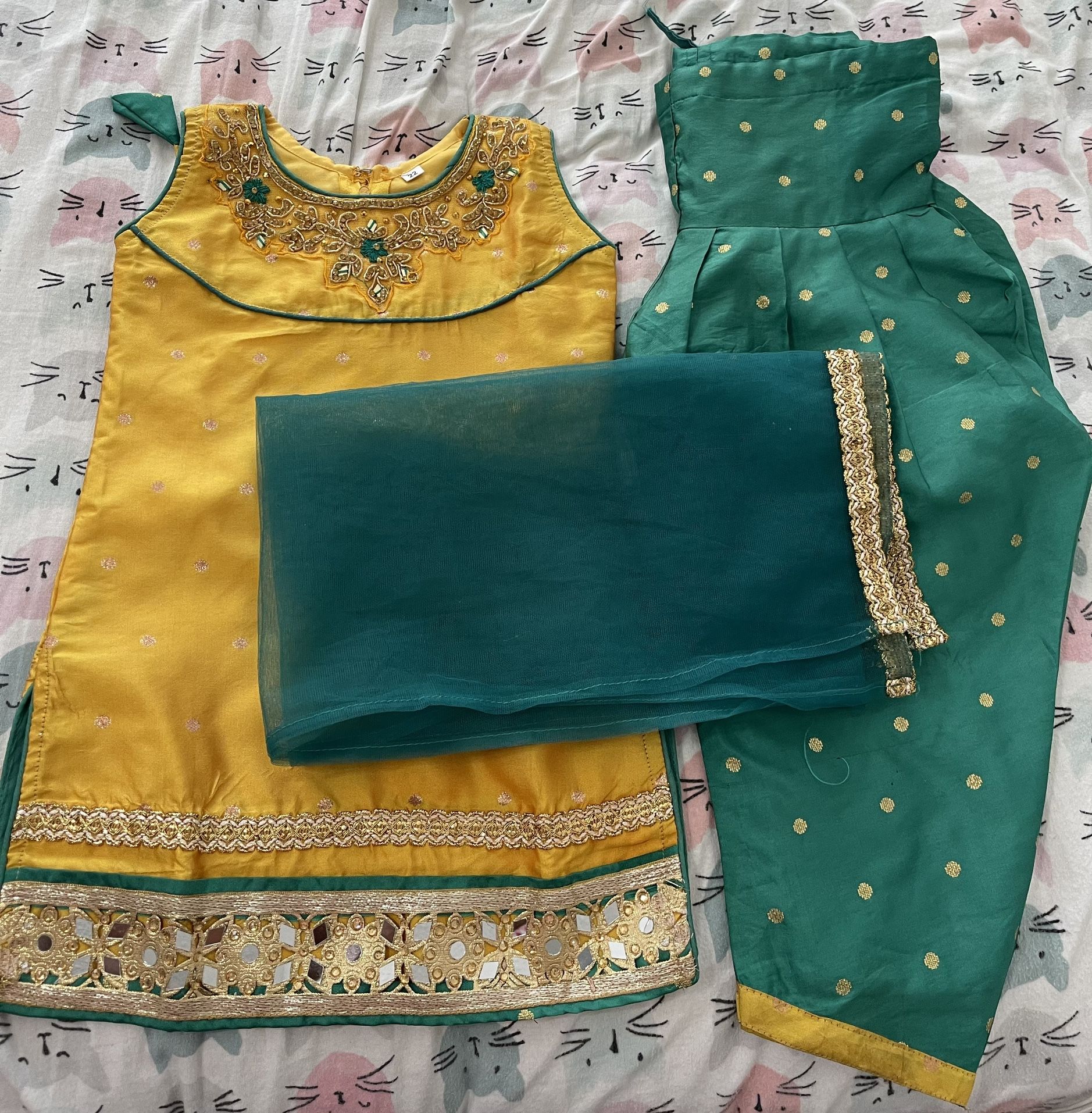 Silk Patiala / Punjabi dress - yellow green - Fits 4-5 Year Old