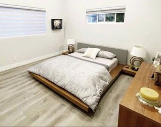Queen Low Profile Platform Bed Frame - Modern Wood & Leather