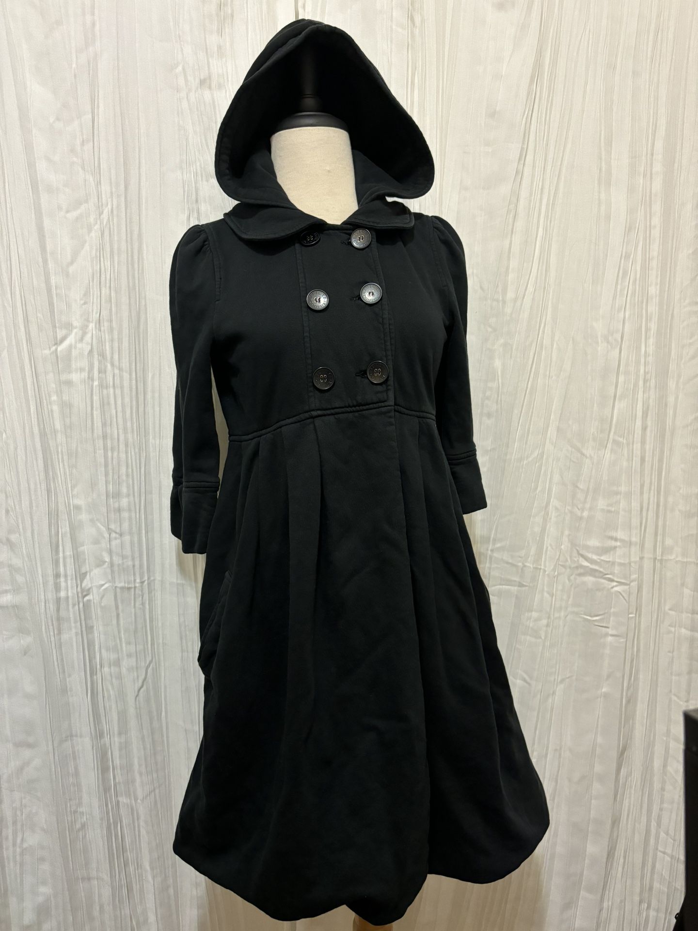 Juicy Couture Women Black Hood Pea Coat Tucked Hem Y2K Made In USA Size Small