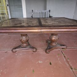 Elegant Double Pedestal Dining Table – Marble Inlay Top – Extendable