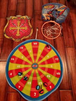 3 Boy Toys: Dart Board, A Shield, Mini Basketball Hoop