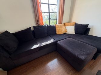 Black Corduroy L-Shaped Sectional Sofa with Ottoman