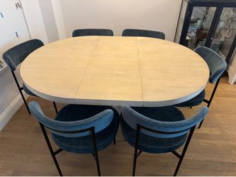 Pottery Barn Caymen Pedestal Extendable Dining Table & Article Dining Chairs