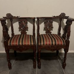 Antique Italian Vintage Carved Kissing Corner Wood Chairs 