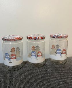 GLASS JAR Tin Lid 22 oz with Snowman Design set of 3