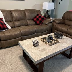 Living Room Set Dual Reclining Couch, Love Seat, Marble Top End Table And marble Top Coffee Table
