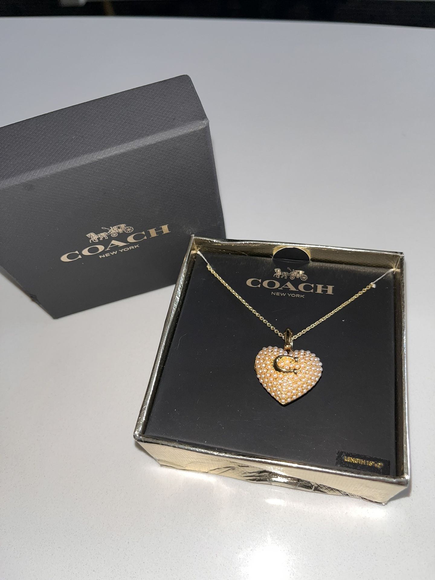 Coach Heart Pendant Necklace | Pearl Beaded Gold ‘C’ | Gift Box