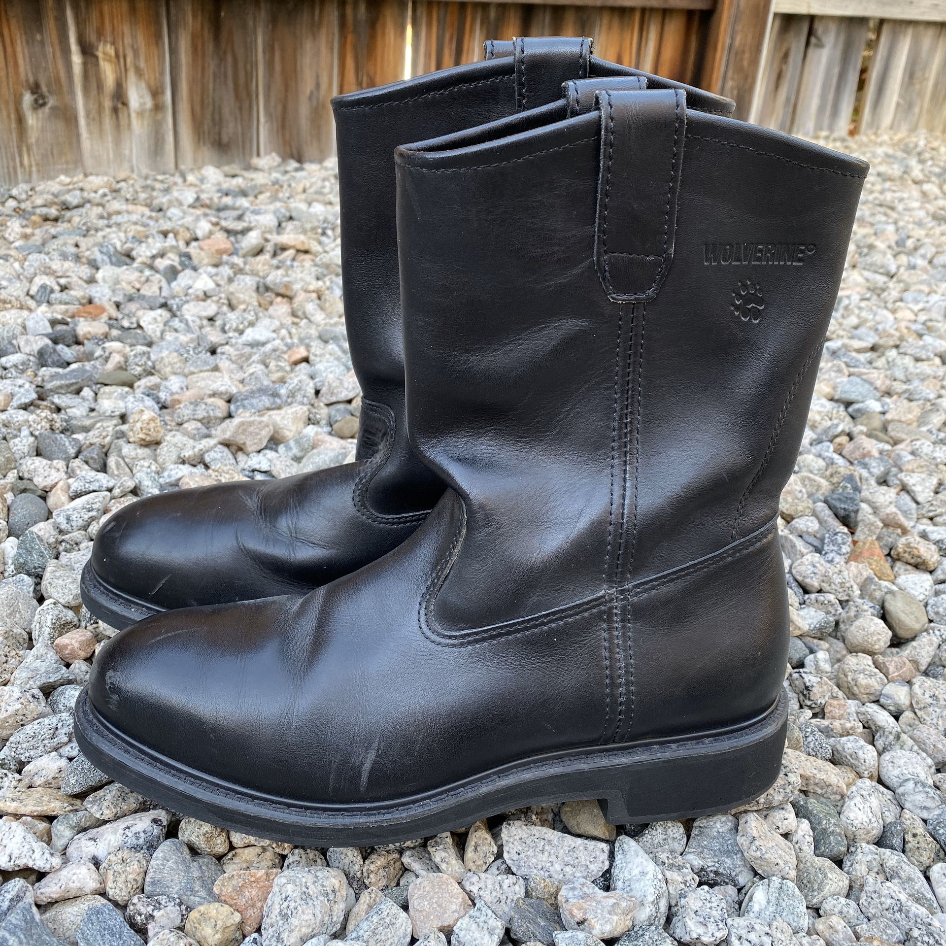 Mens Wolverine Wellington Black Leather Safety Toe Slip Pull On Work Boots 9.5.