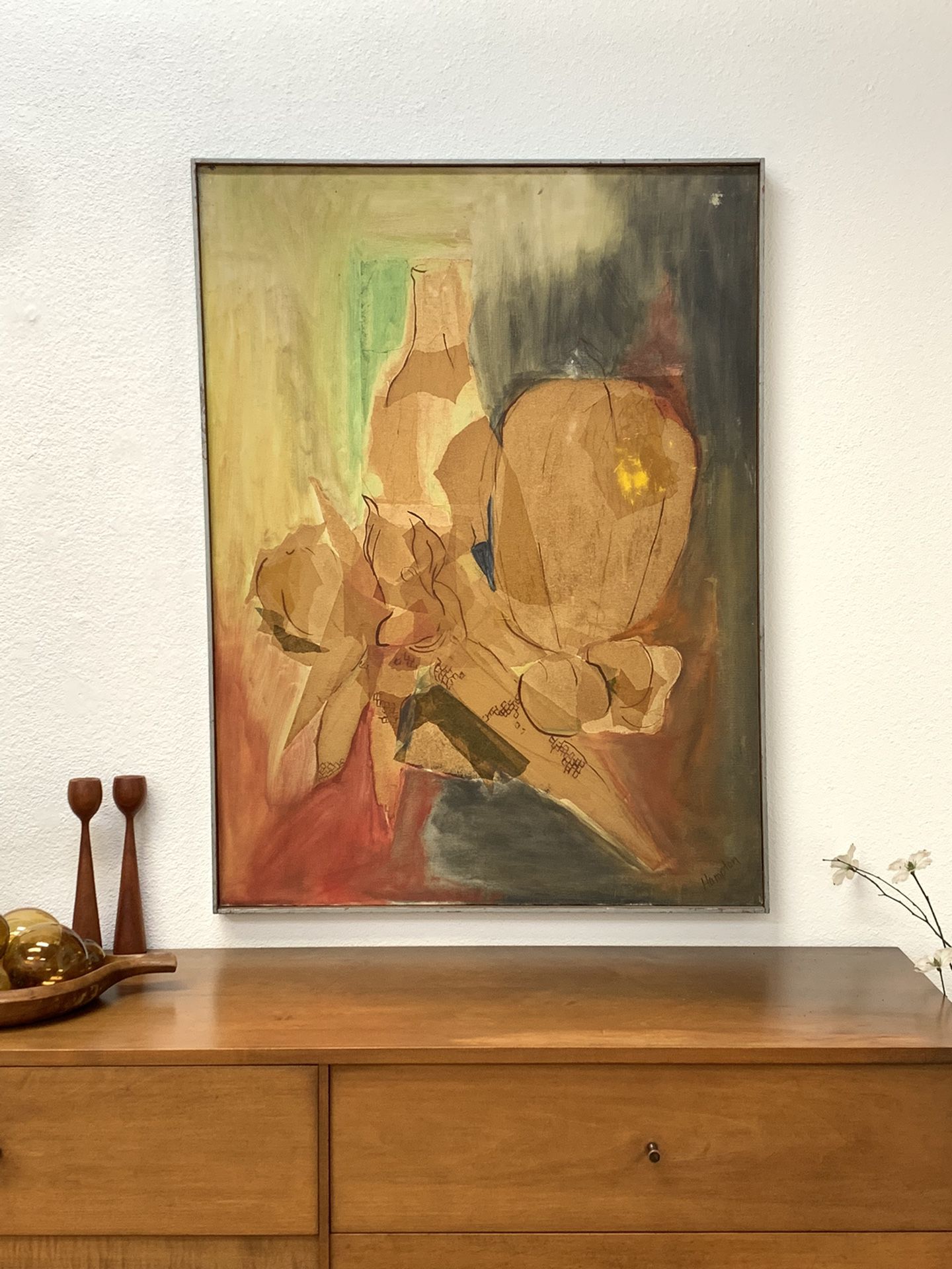 Signed Abstract Mid Century Modern Oil Painting Art Vintage 